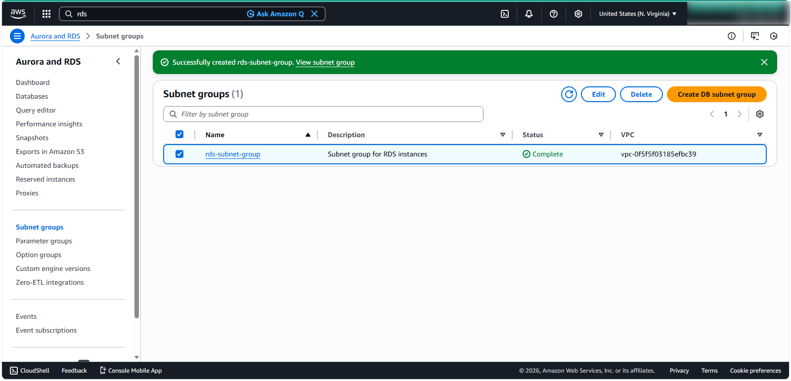 Create DB Subnet Group